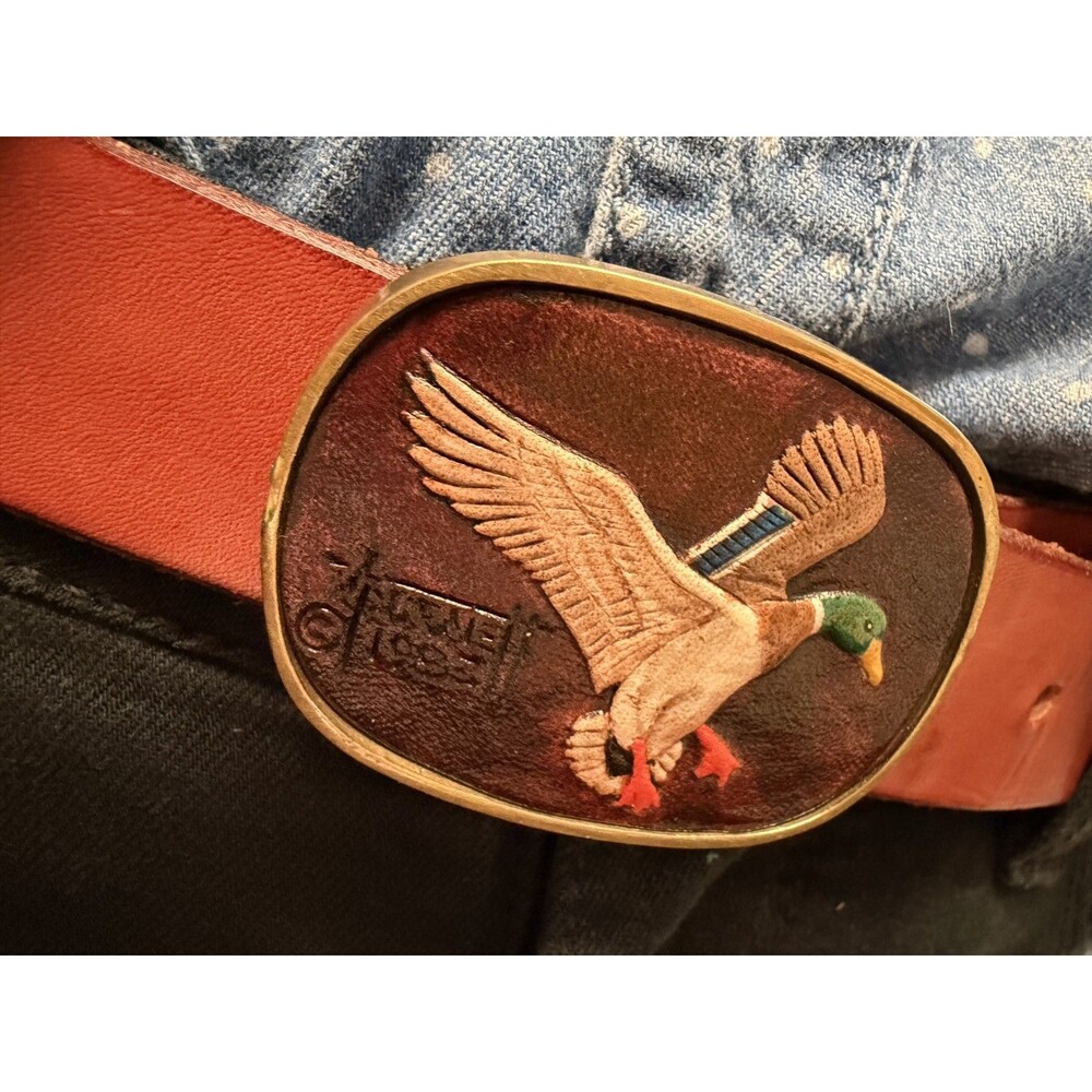 Vintage Belt w/ Flying Mallard Duck Buckle Leather & Brass 1988 Baron